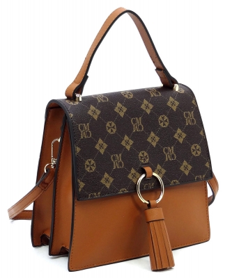 CM Monogram Ring Tassel Flap Crossbody Satchel CM704 BROWN
